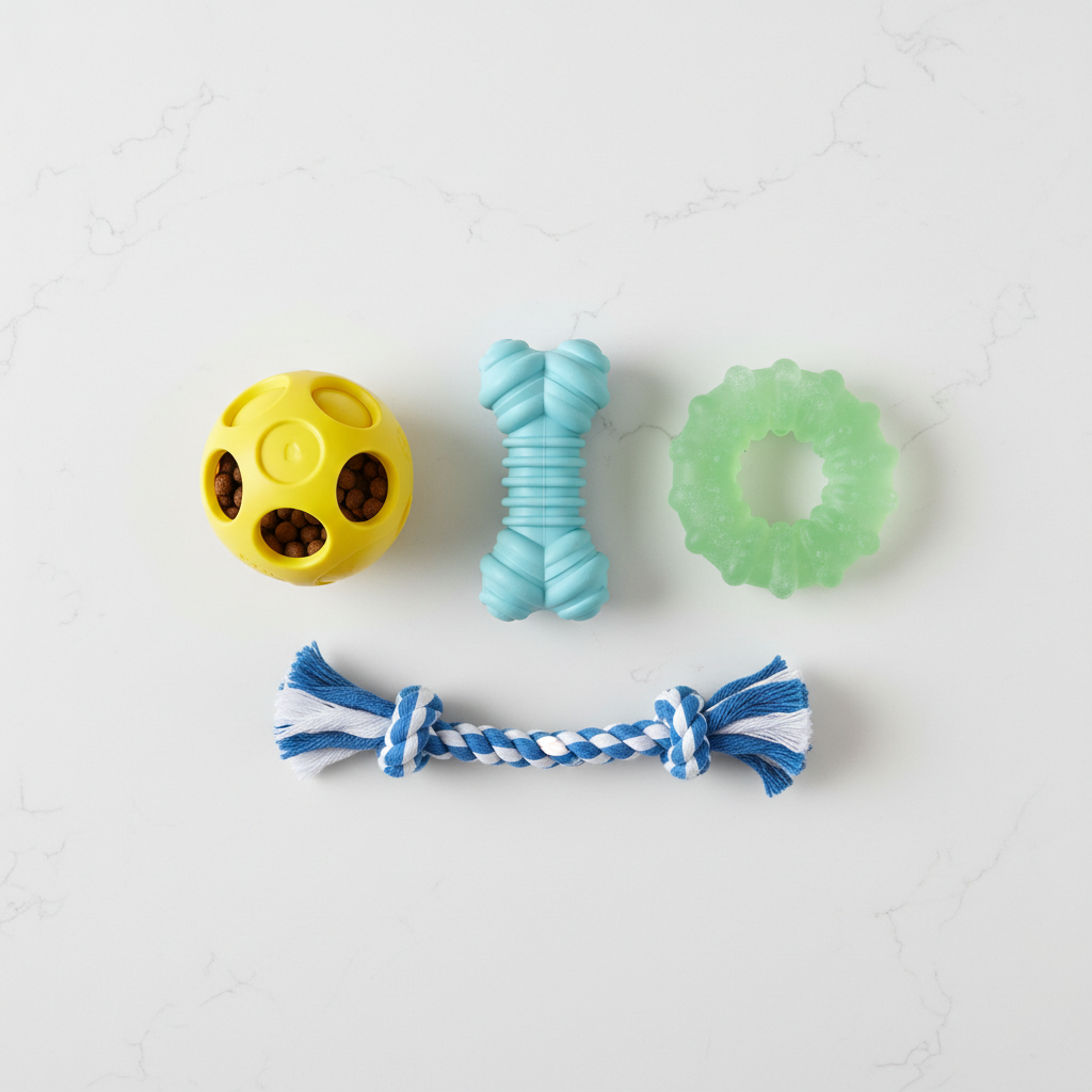 Comparison of puppy teething toys on a kitchen counter with labels