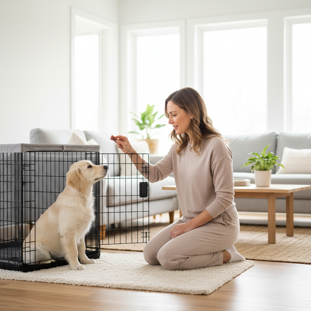 Owner practicing calm crate training with treats and a puppy near the crate door