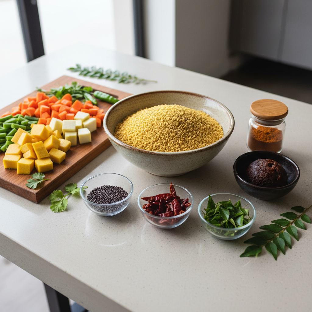 South Indian sambar ingredients laid out including toor dal tamarind and curry leaves