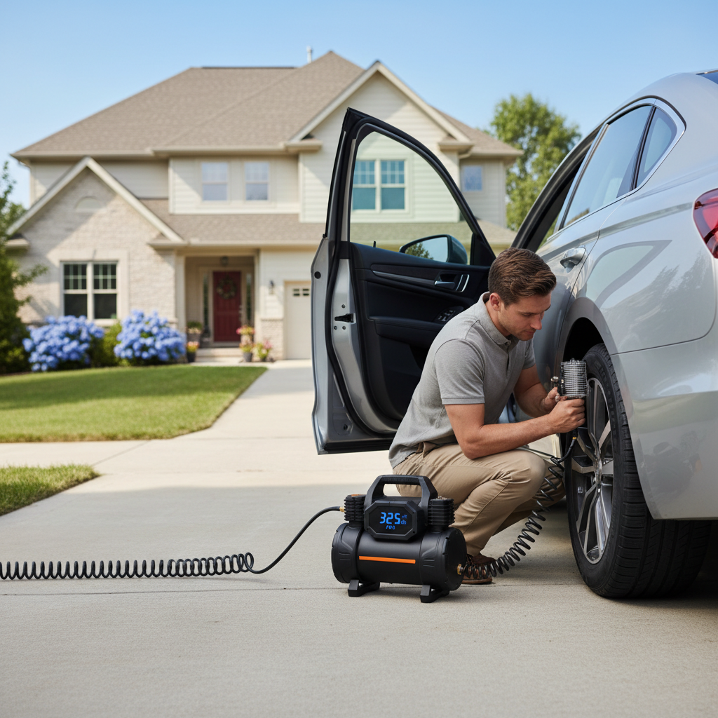 Driver checking door jamb tire pressure label and inflating tire to recommended PSI