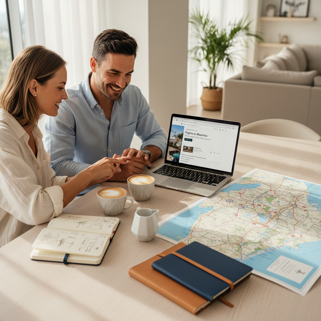 Couple planning a Mauritius honeymoon itinerary with a map and laptop