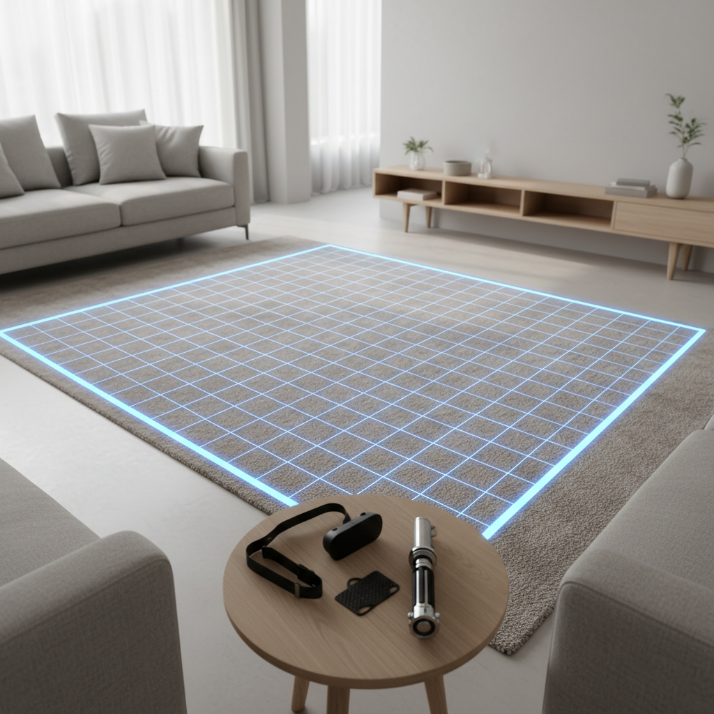 VR guardian boundary setup with clear play area and accessories laid out for safe lightsaber play