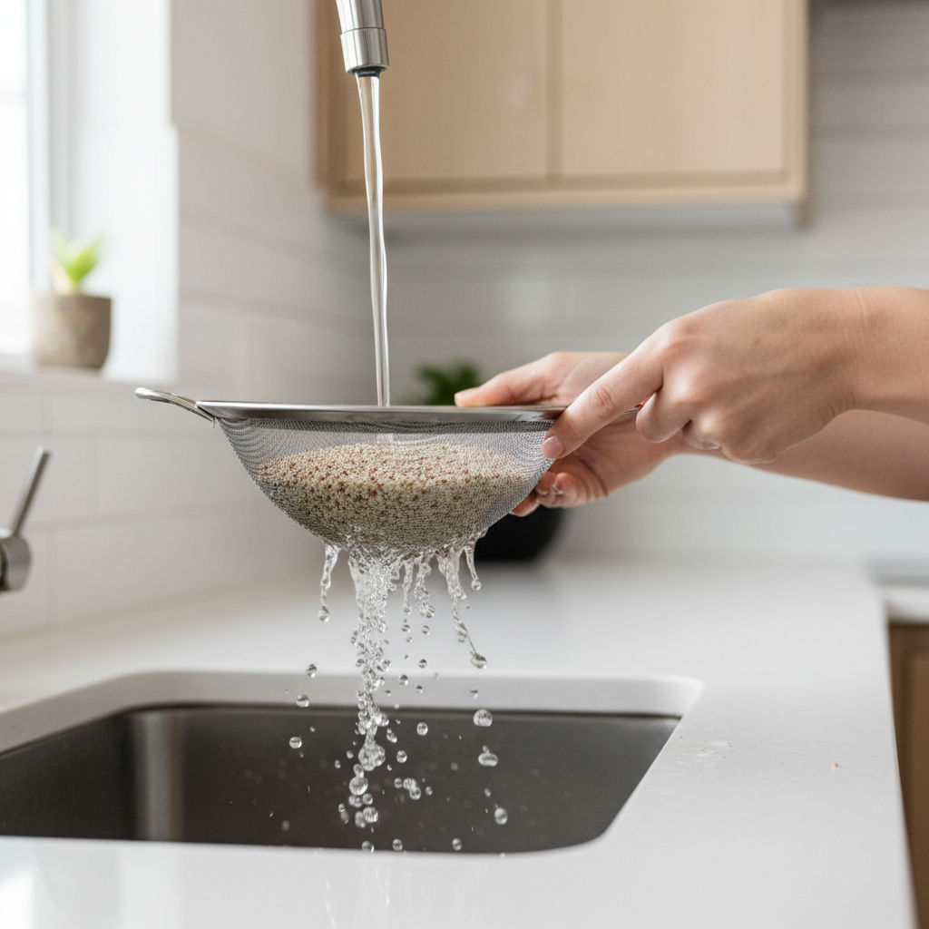 Rinsing quinoa in a fine mesh strainer under running water