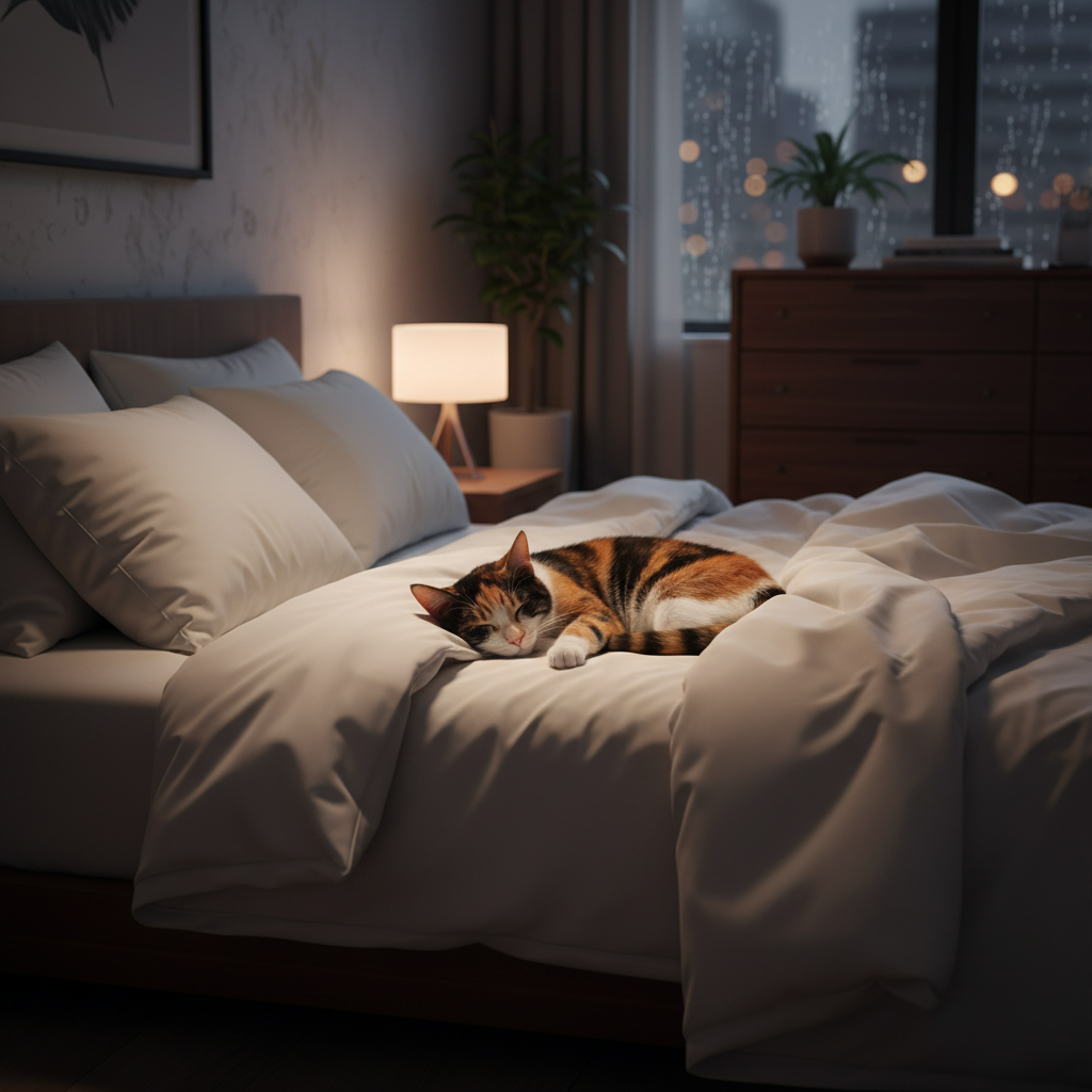 Cat resting calmly on a bed at night in a quiet bedroom