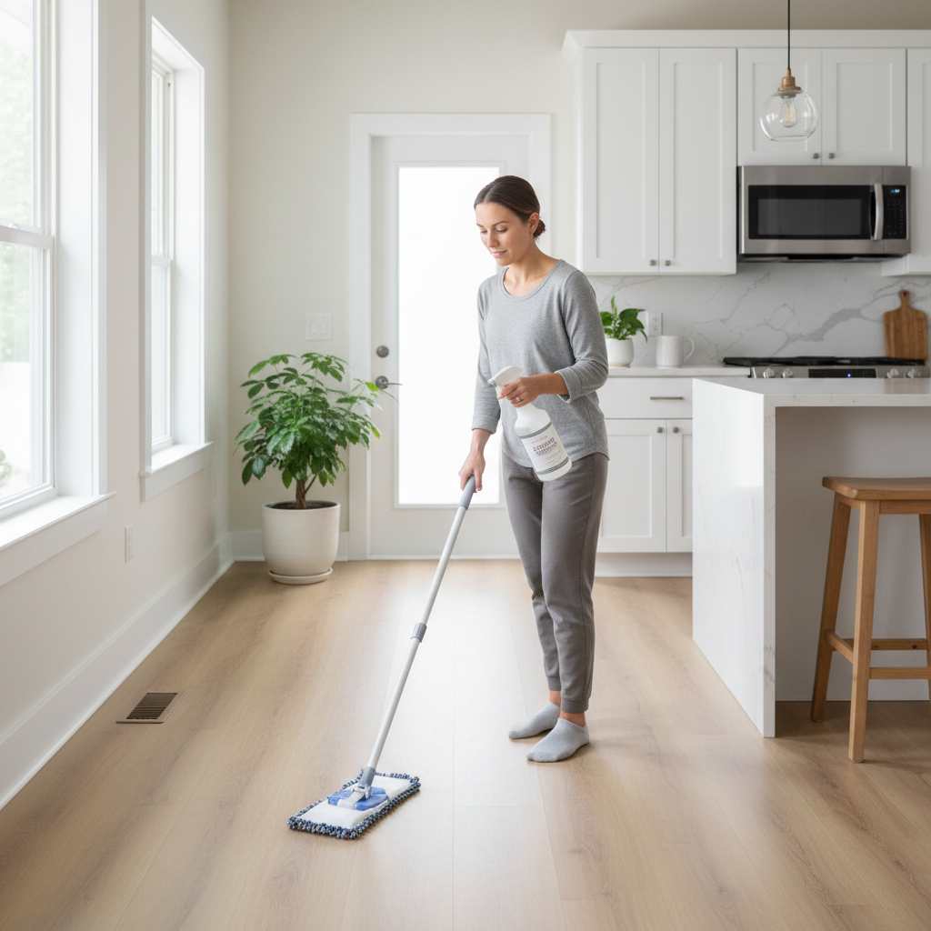 Cleaning vinyl plank flooring with microfiber mop in a bright kitchen