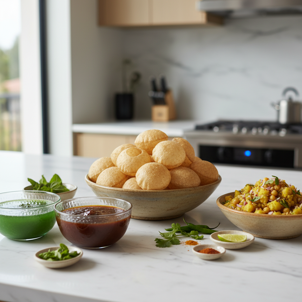 Crispy pani puri shells with bowls of spiced pani, potato filling, and chutneys