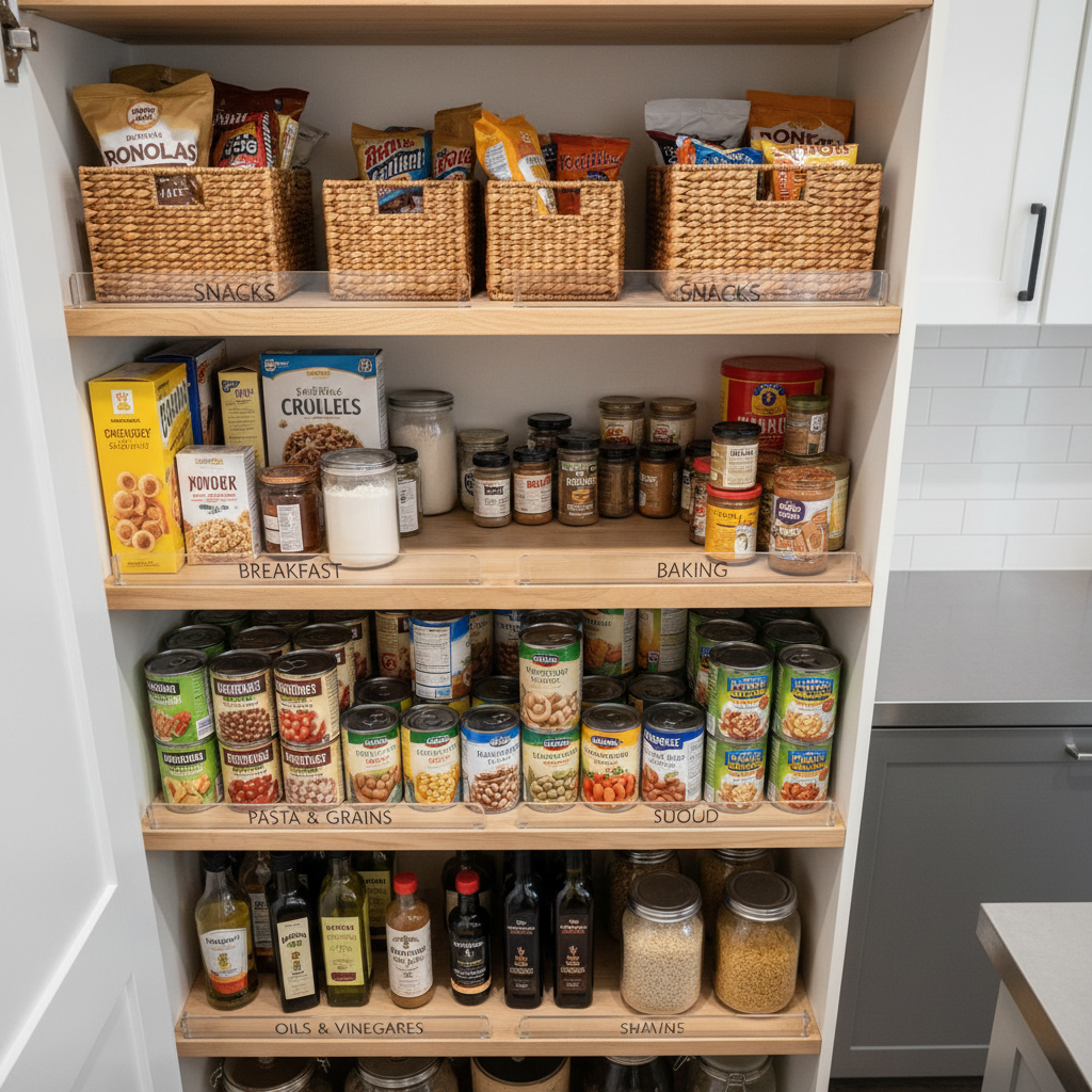 Pantry zones for beginners: snacks, breakfast, baking, canned goods, grains