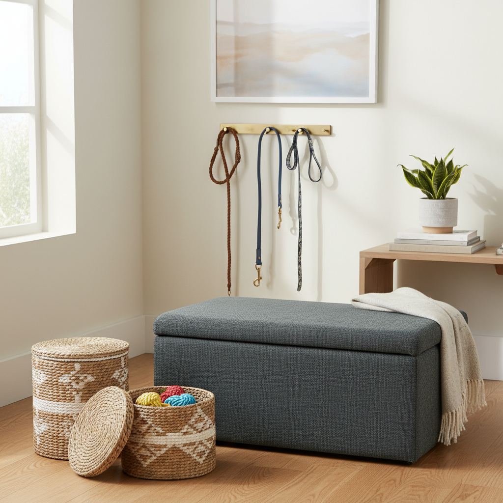 Pet-friendly small living room storage solutions with baskets and ottoman