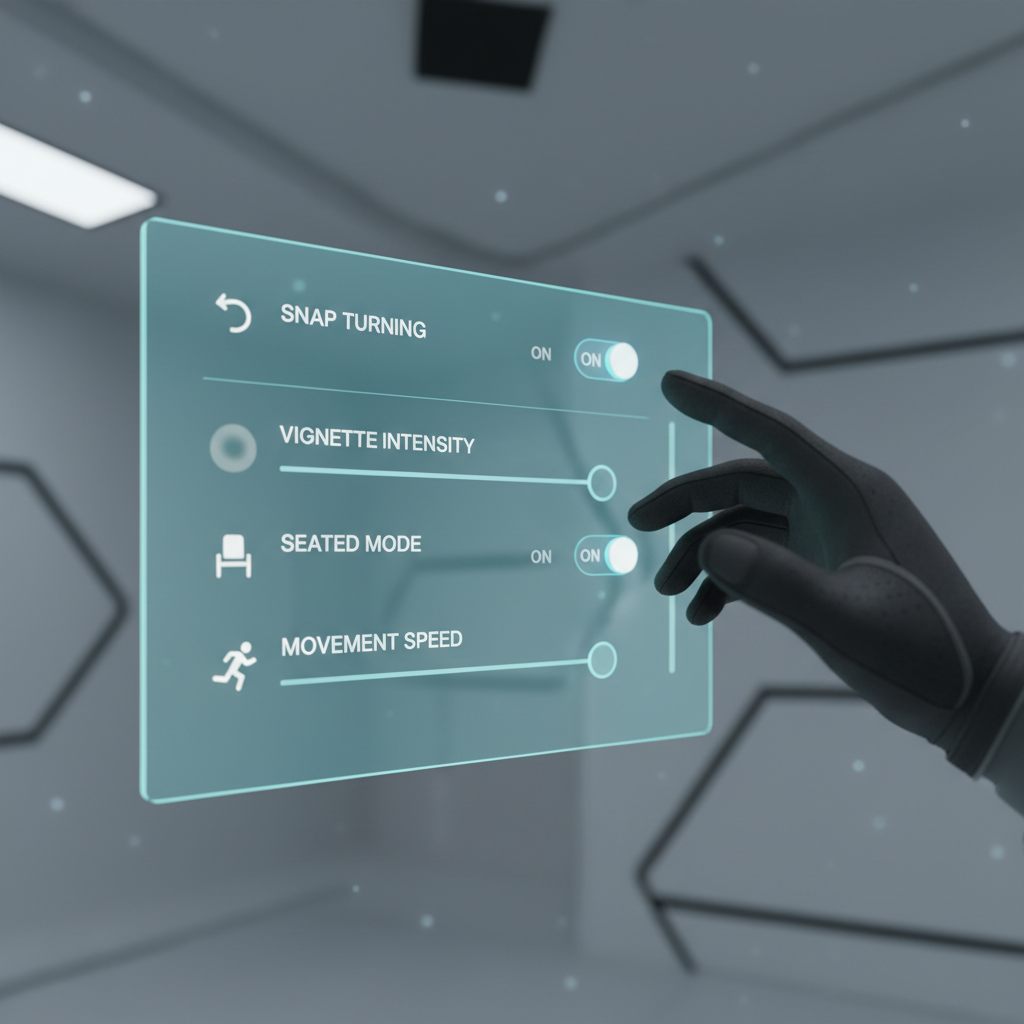 VR comfort settings menu showing snap turn, vignette, and seated mode options