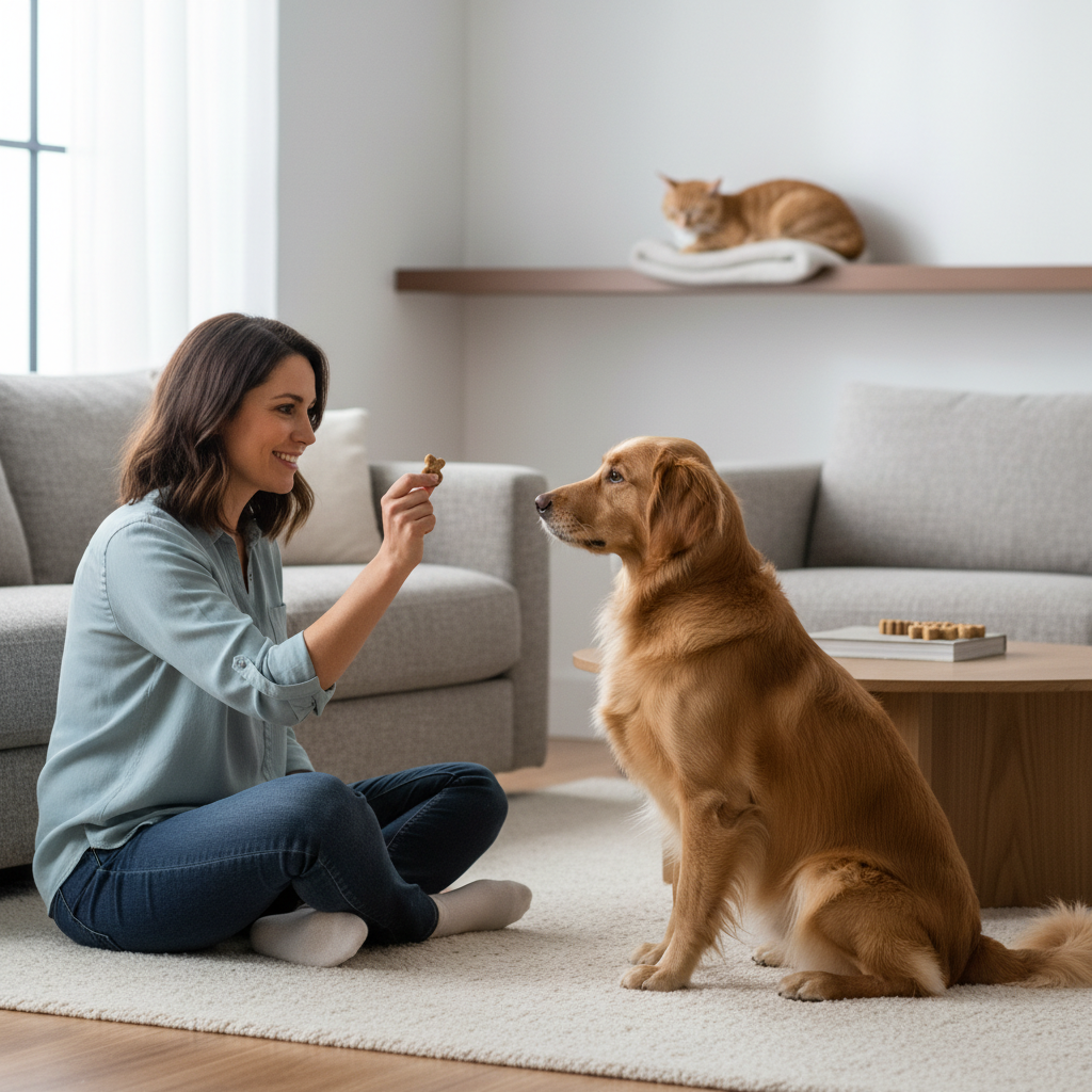 Owner training a dog to look away from a cat using treats