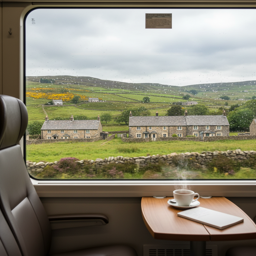 Scenic UK train travel experience with countryside view from carriage window