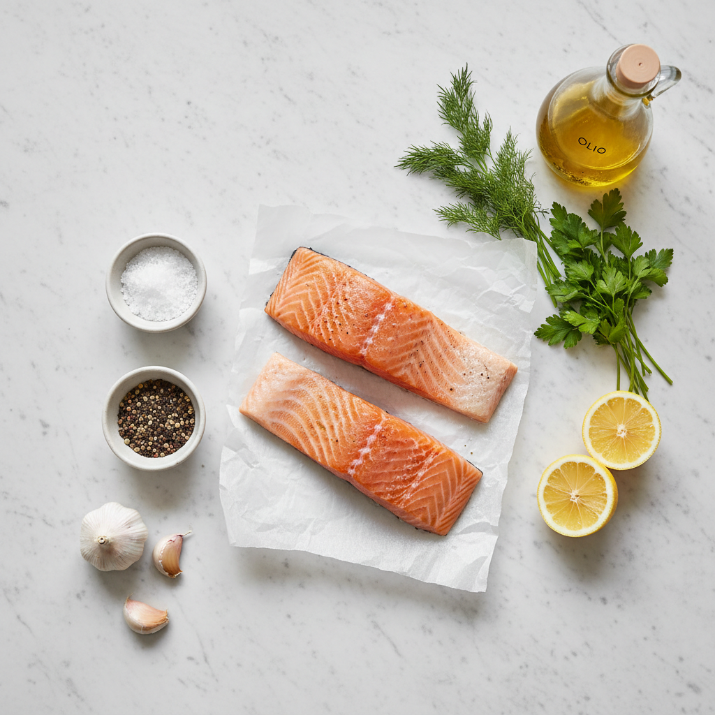 Ingredients for easy pan-cooked salmon: salmon, oil, salt, pepper, lemon, herbs