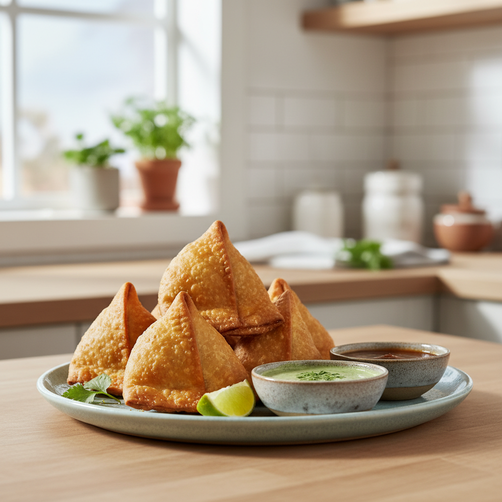 Crispy golden samosas on a plate with chutney in a home kitchen