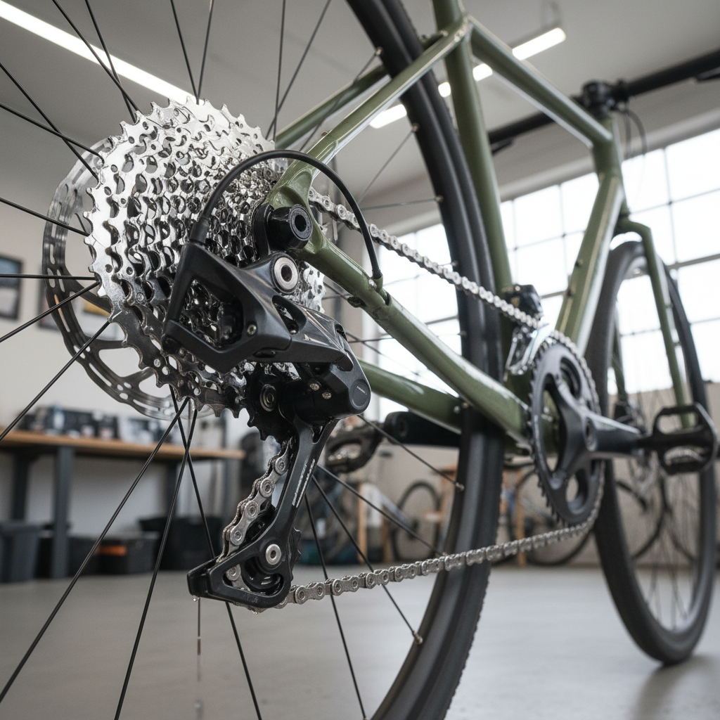 Clean bike drivetrain after lubrication with chain, cassette, and derailleur in focus