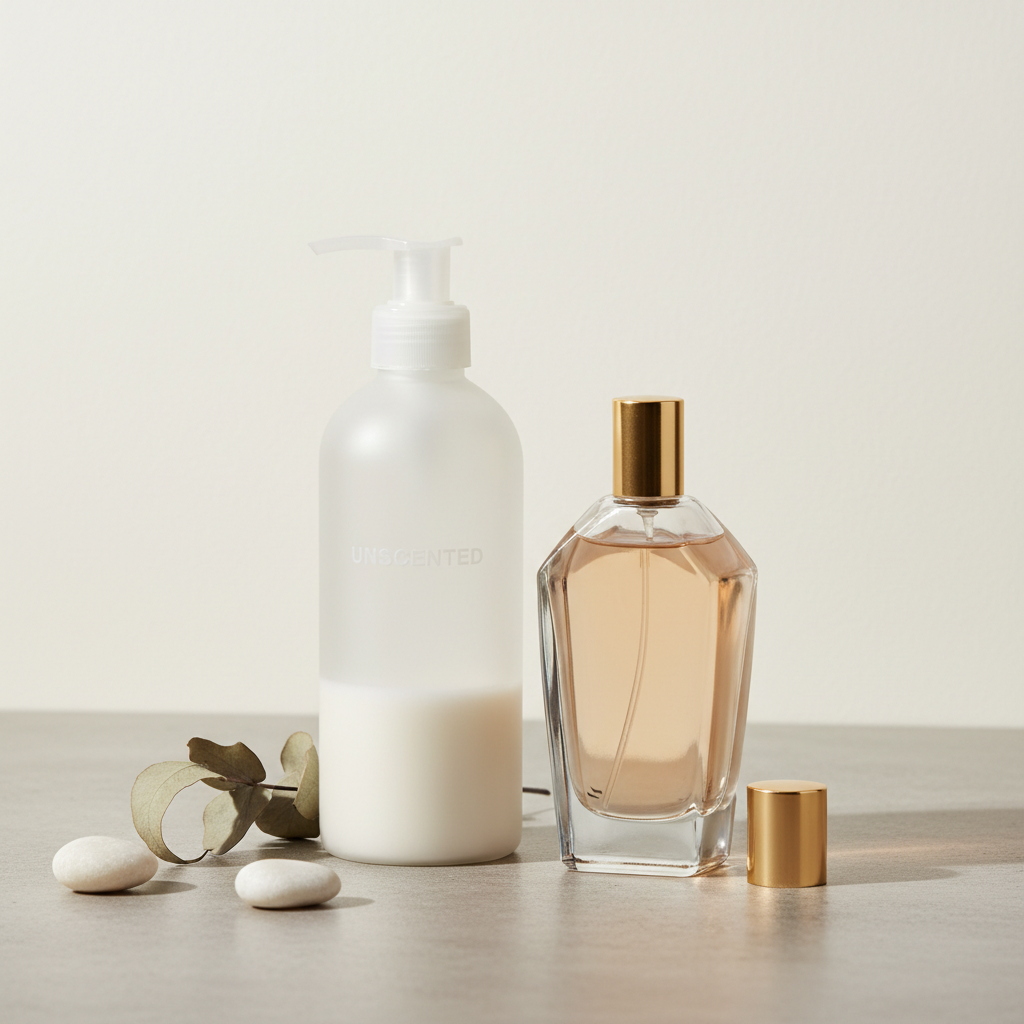 Unscented body lotion and perfume bottle used for layering scent