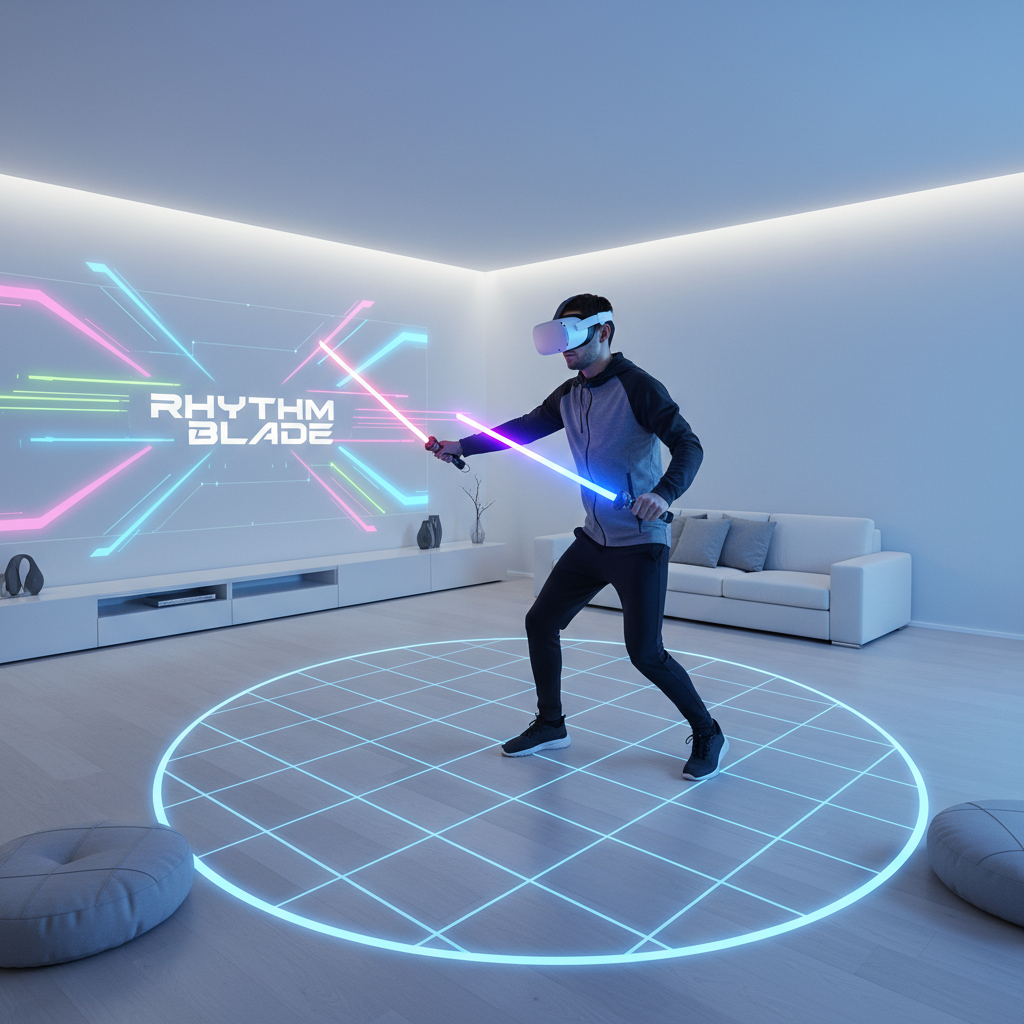 Beginner playing Beat Saber-style rhythm game in VR