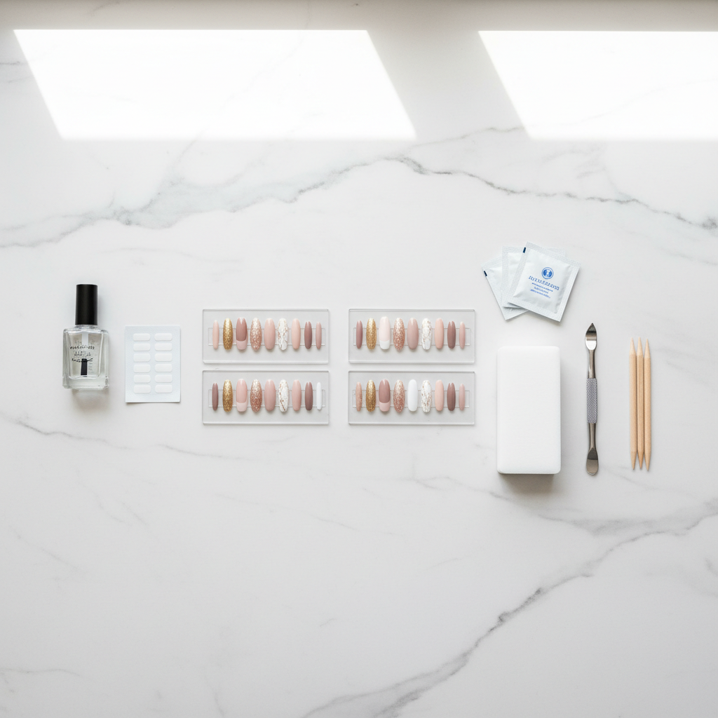 Press on nails application tools laid out for proper prep