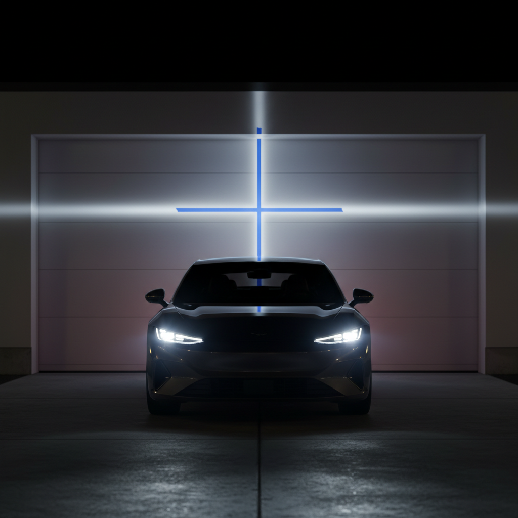 Car headlights aimed at a garage wall with tape reference lines for beam cutoff