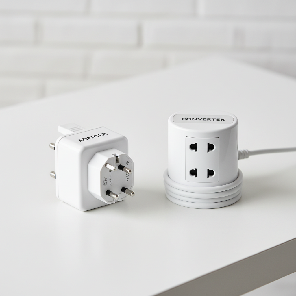 Universal travel adapter and voltage converter side by side for hair dryer use