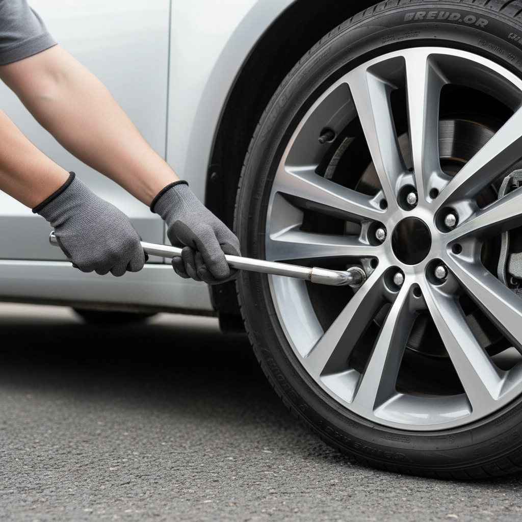 Lug wrench loosening lug nuts before lifting car when changing a flat tire