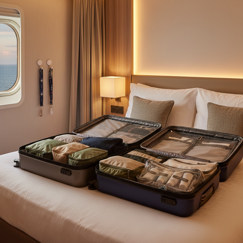 Cruise cabin packing setup with labeled organizers and carry-on bags