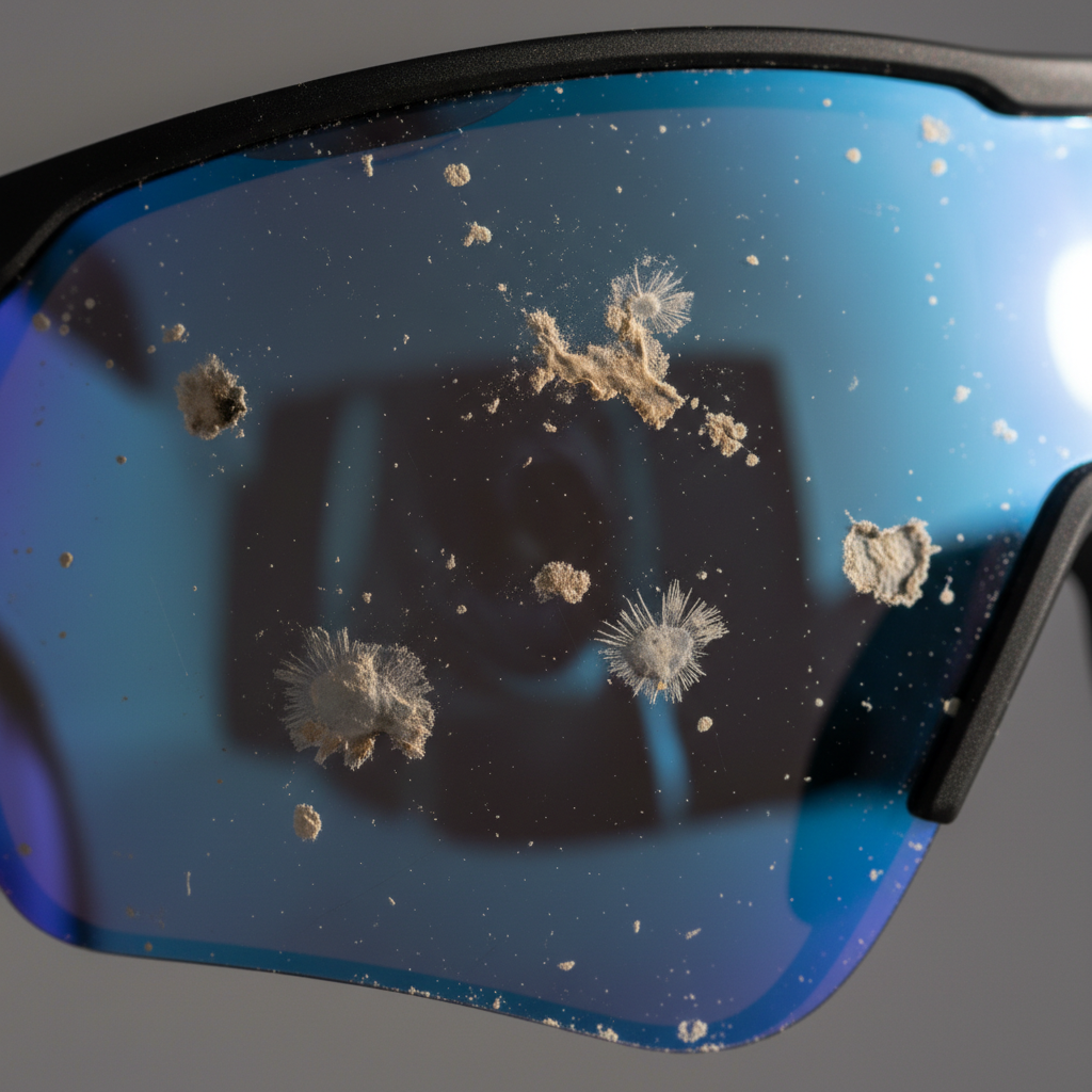 Close-up of dirty cycling sunglasses lens showing dust and bug splatter