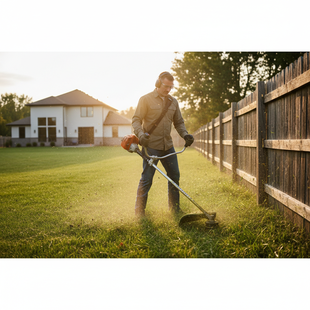 String trimmer cutting through tall grass along a fence line