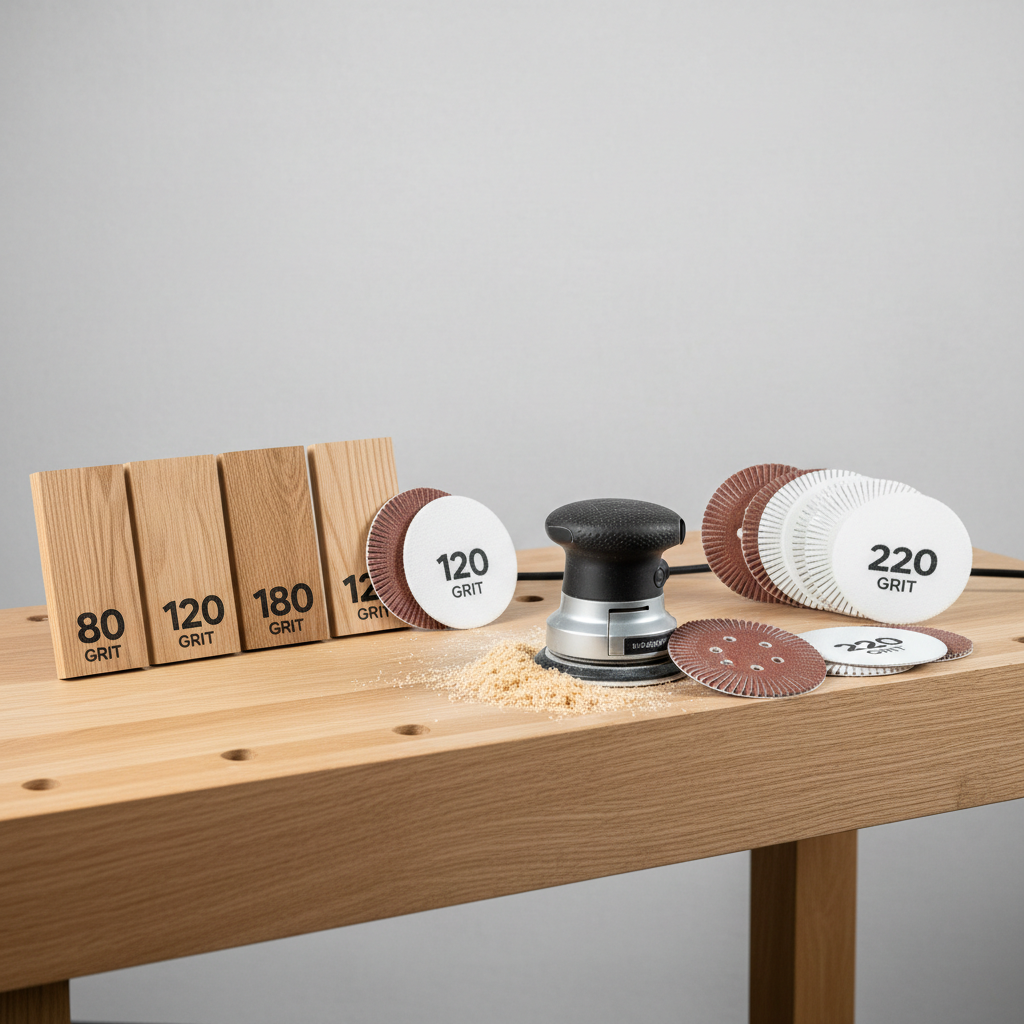 Sanding grit progression on wood boards showing 80 120 180 220 with random orbital sander discs