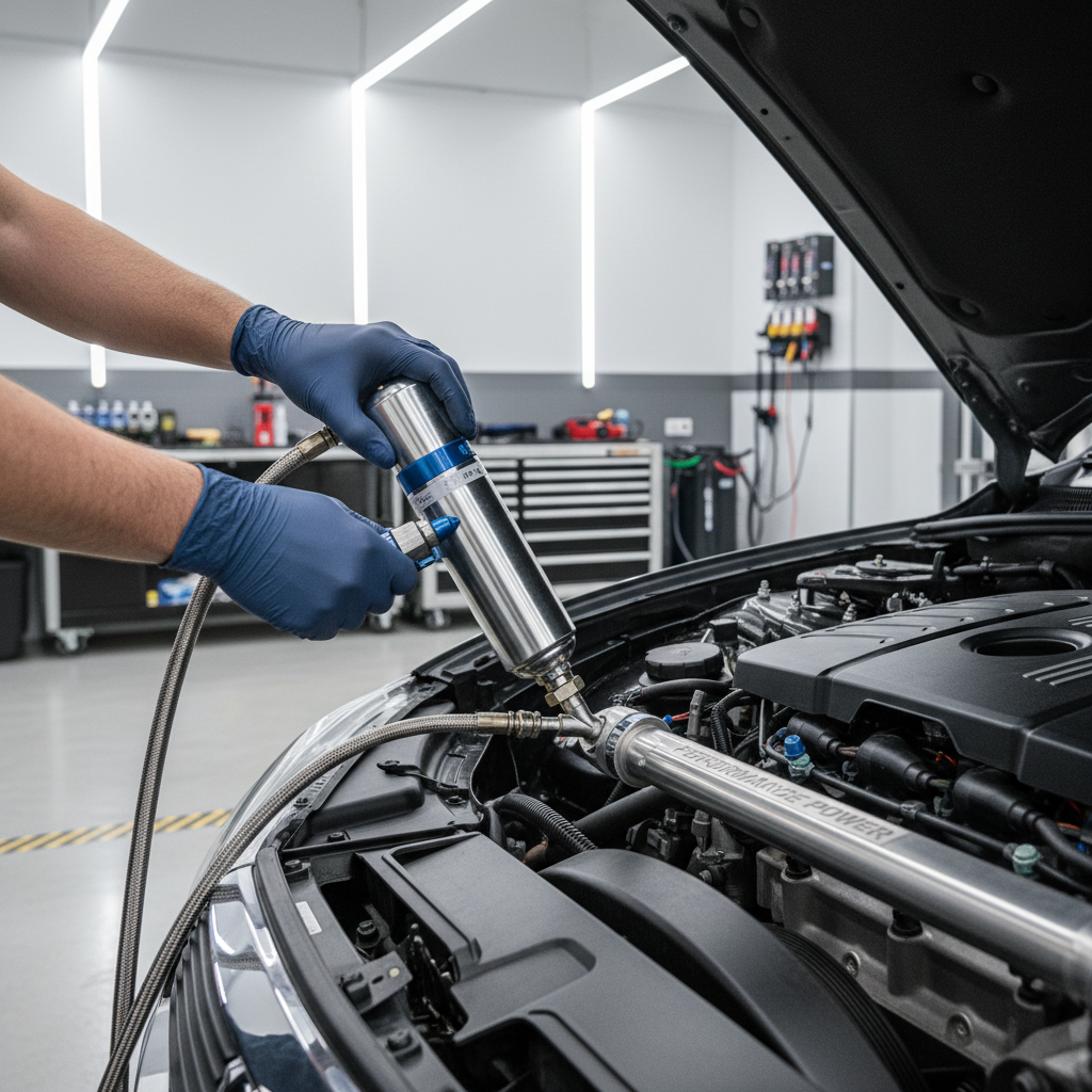 Mechanic hands connecting pressurized fuel injector cleaning kit safely under the hood
