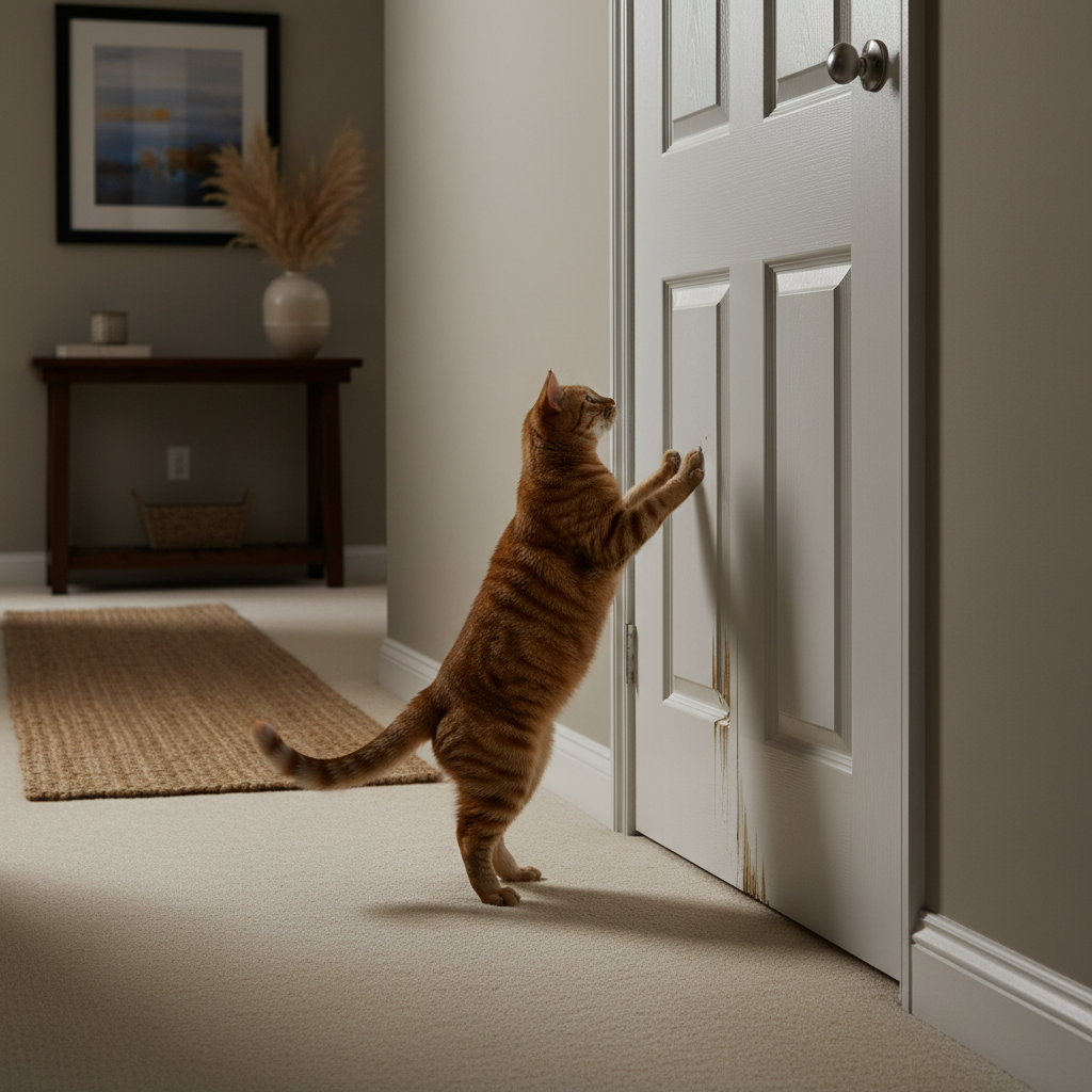 Cat scratching a bedroom door at night in a home hallway