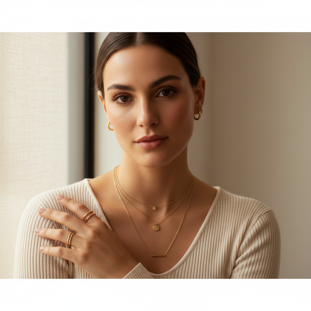 Woman layering minimalist gold necklaces and small hoops in natural light
