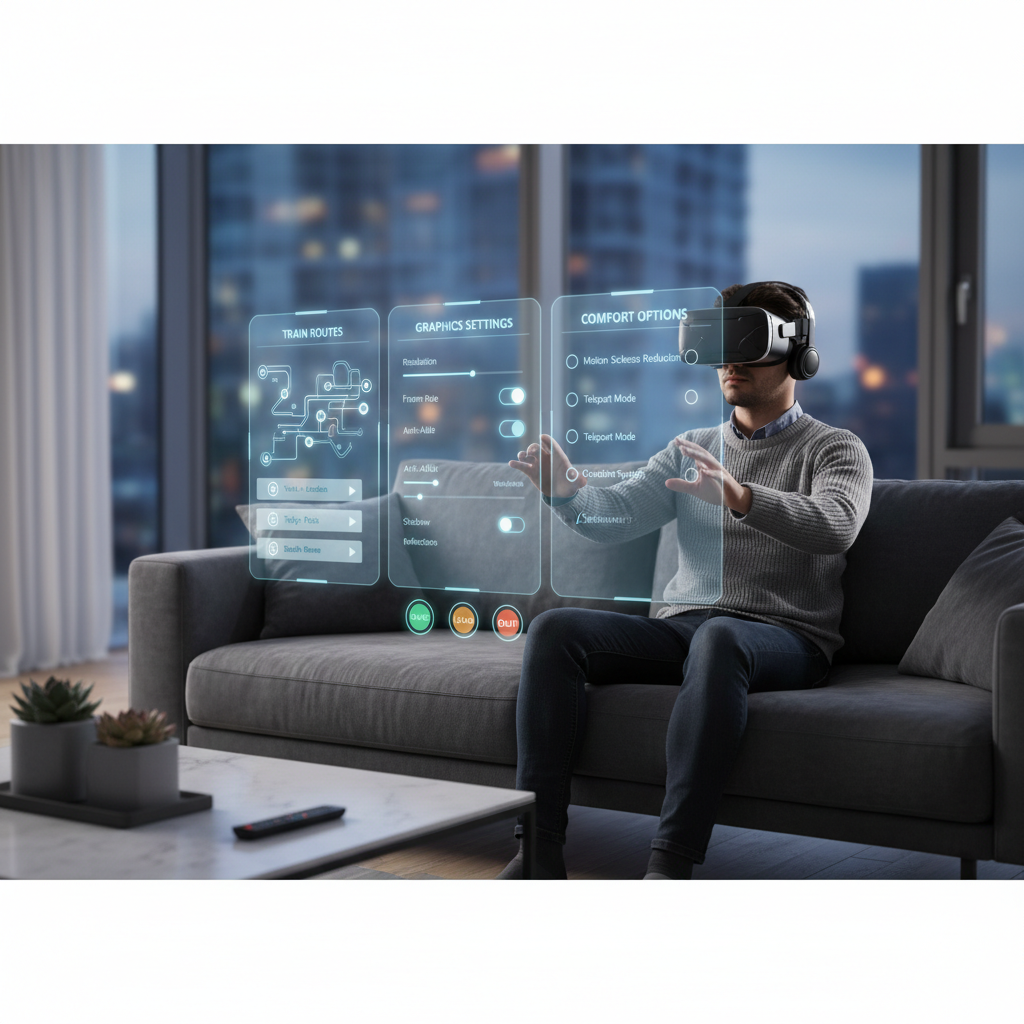 VR headset user selecting train routes and comfort settings on a game menu
