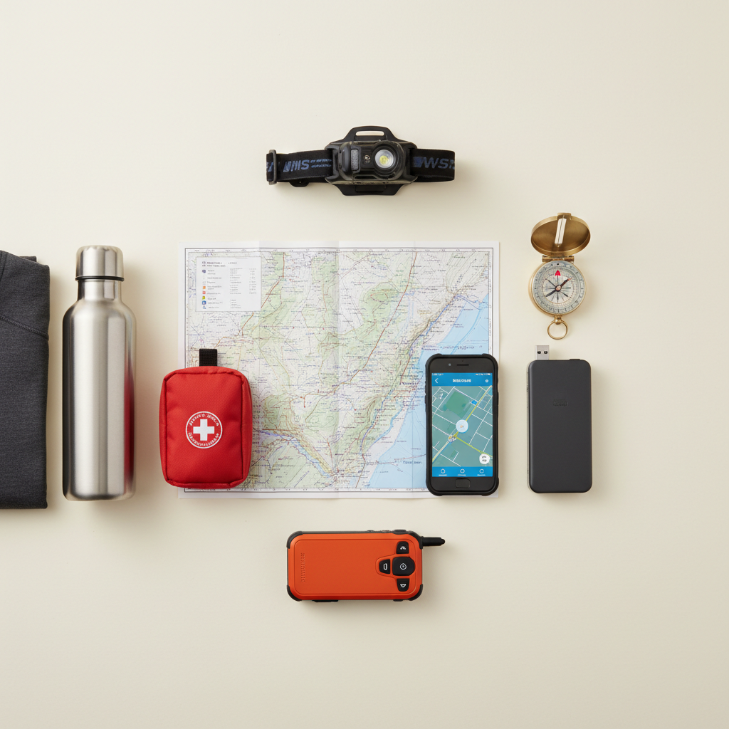 Essential off-grid travel safety gear laid out neatly