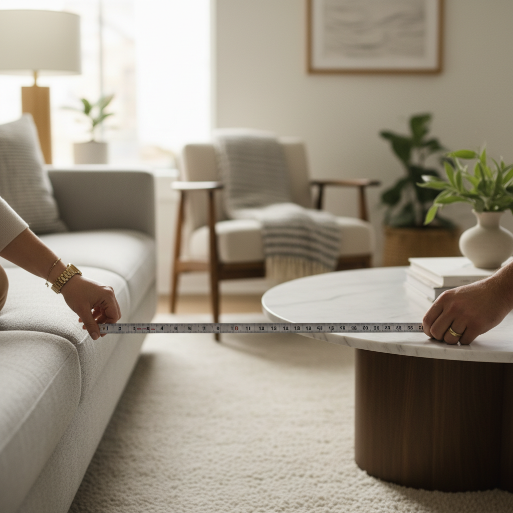 Measuring tape showing coffee table clearance between sofa and table