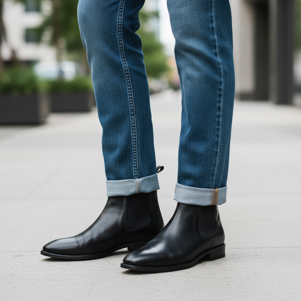 Close-up of cuffed straight-leg jeans with Chelsea boots for a clean ankle break
