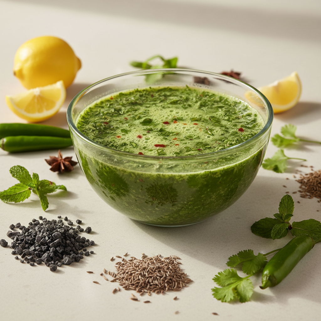 Spicy mint-cilantro golgappa pani in a glass bowl with whole spices and lemons