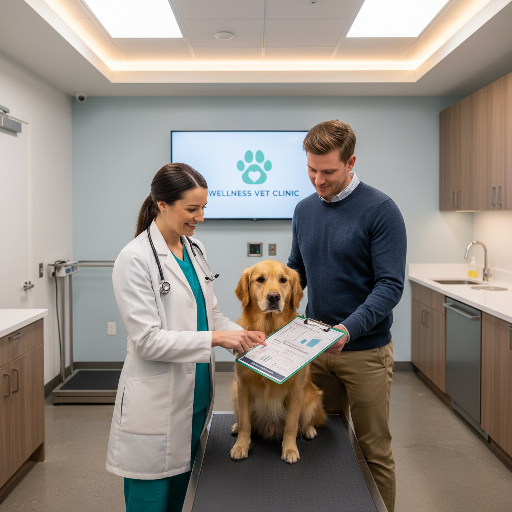 Vet reviewing dog weight chart and nutrition plan with owner in clinic