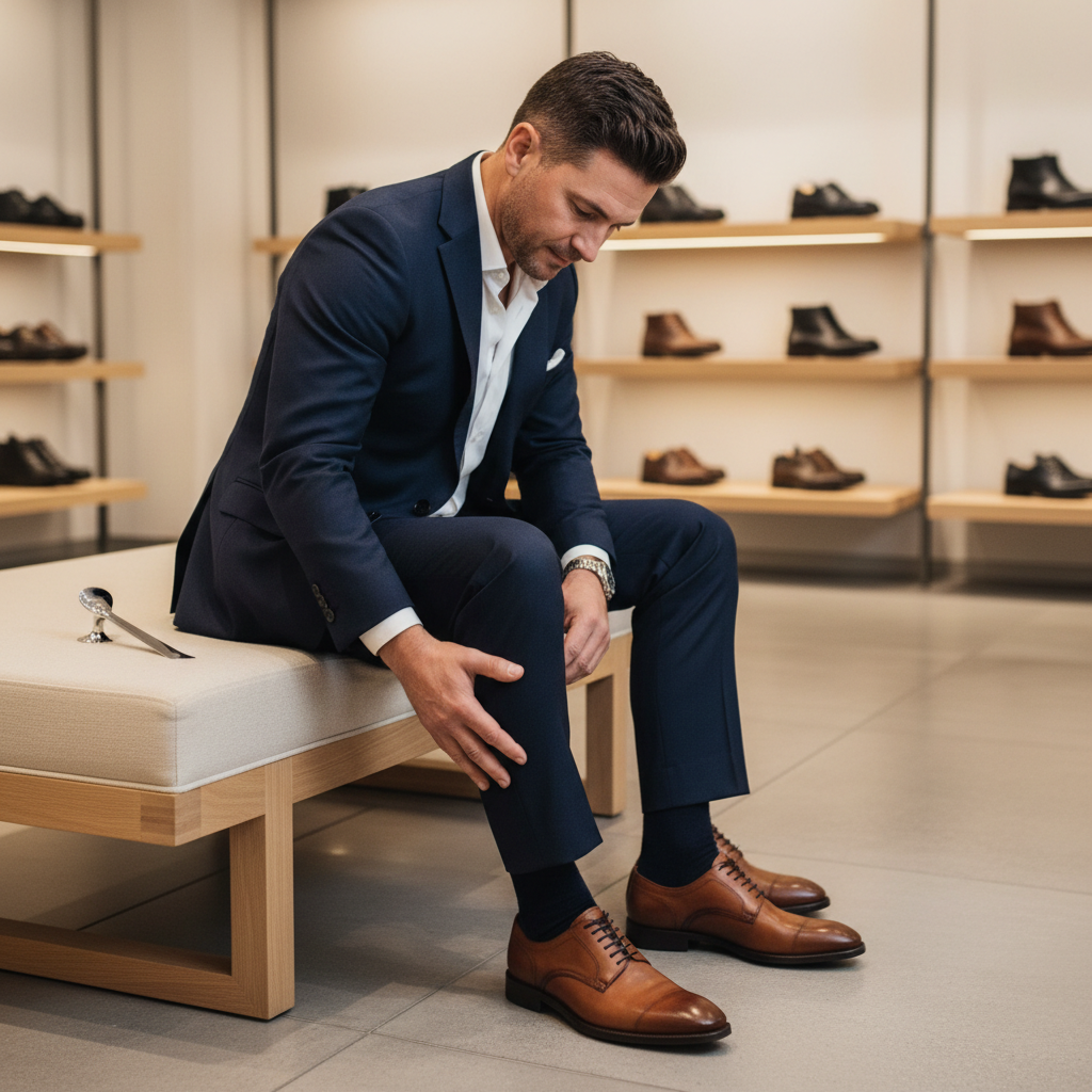 Man trying on comfortable dress shoes in a shoe store, checking fit and arch support