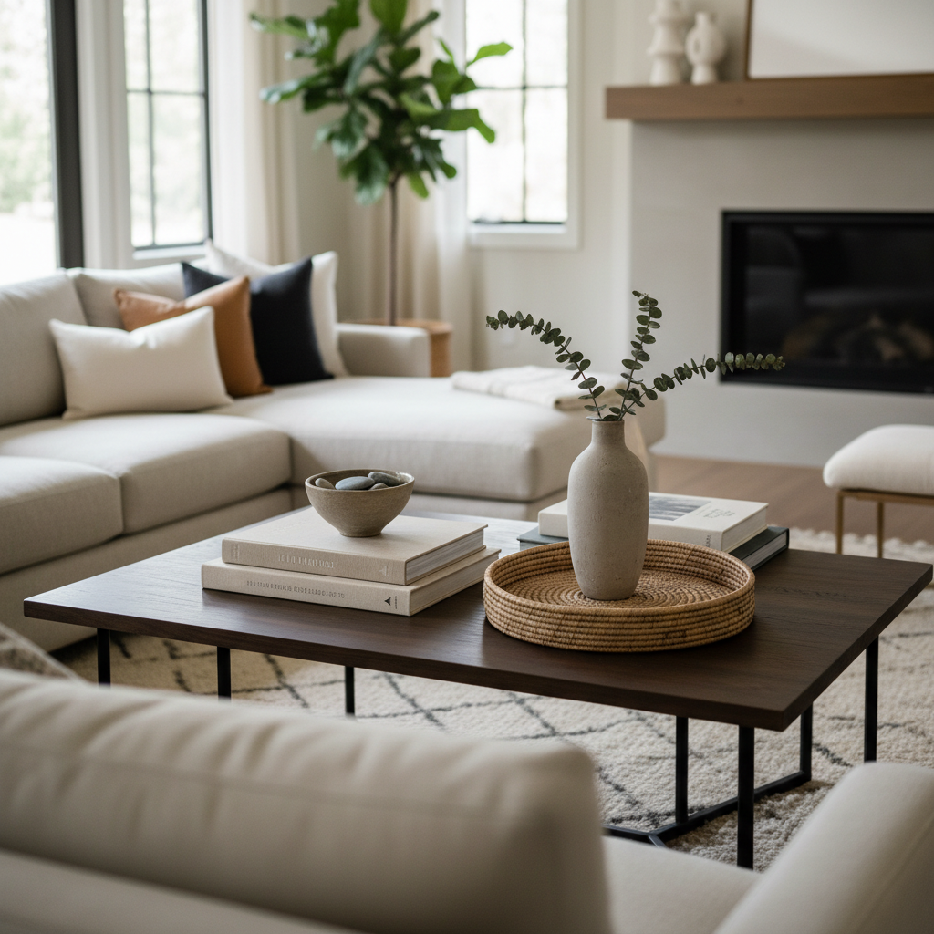 Living room view from sofa showing balanced coffee table decor heights