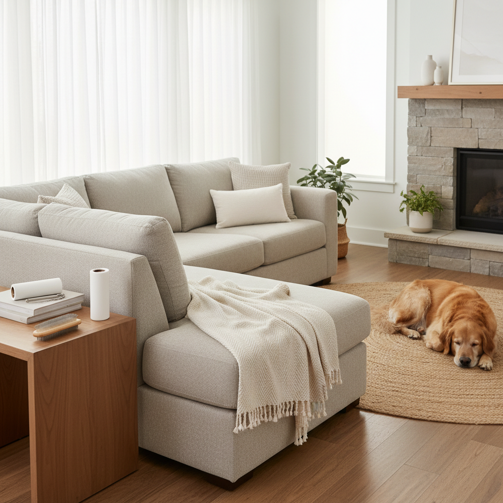 Pet-friendly couch setup with washable throws and a grooming brush nearby