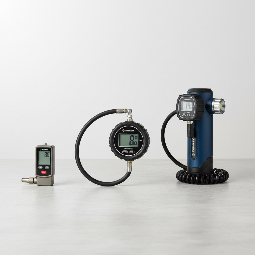 Comparison of digital tire pressure gauge types handheld, hose style, and inflator combo on a workbench
