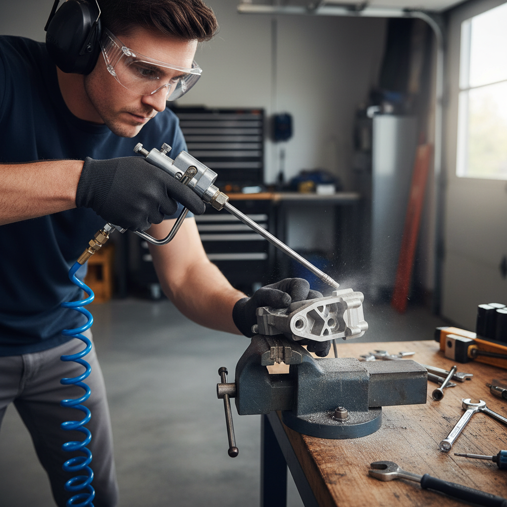 Close-up of a hand using an air blow gun with PPE in a garage