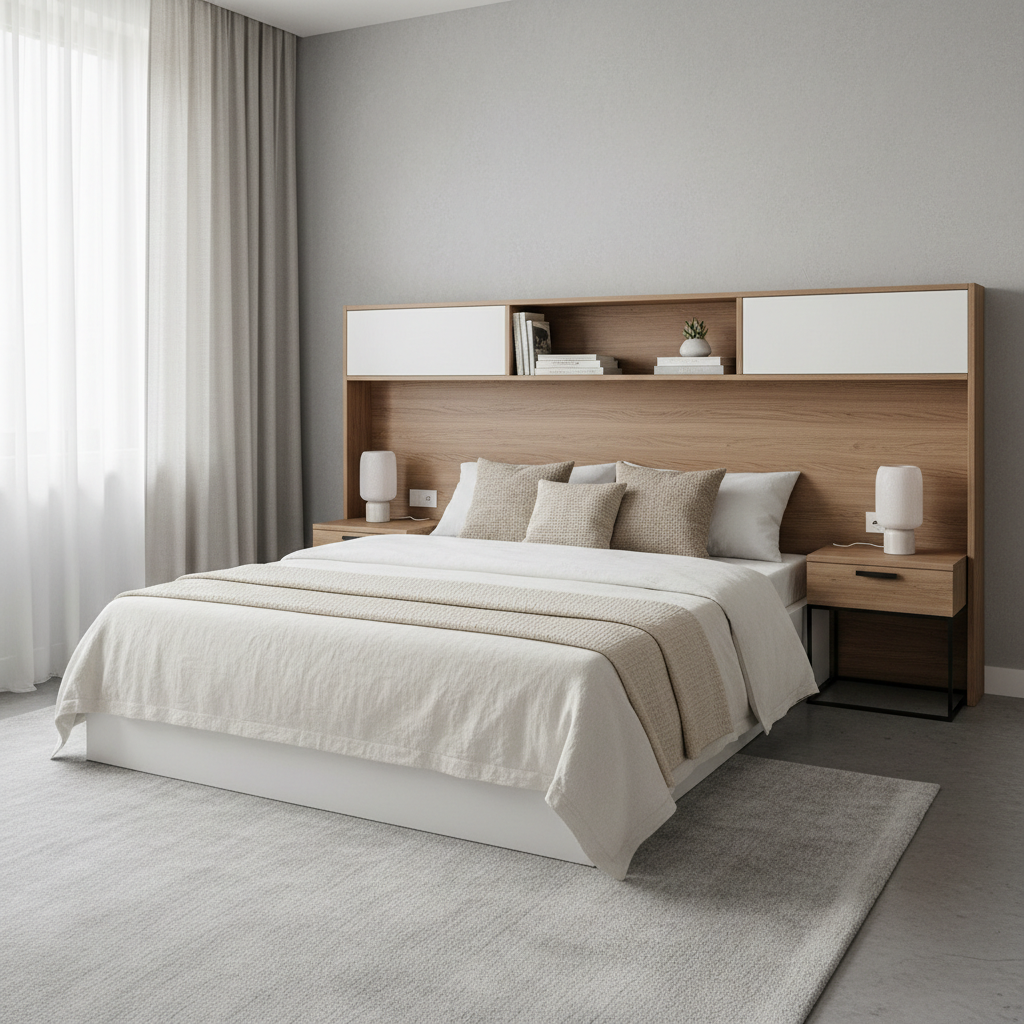 Small bedroom layout with a storage headboard and minimal nightstands