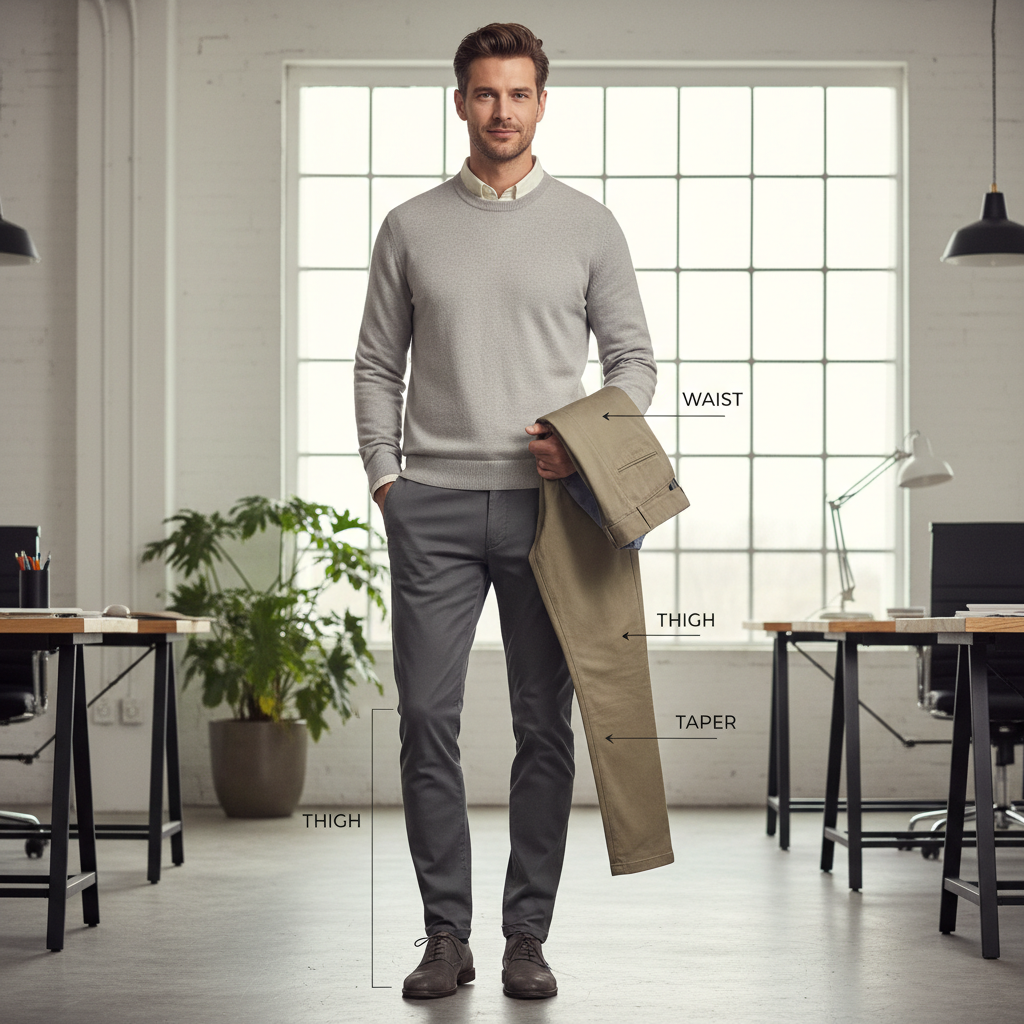 Slim fit chino fit comparison on male model in casual office outfit