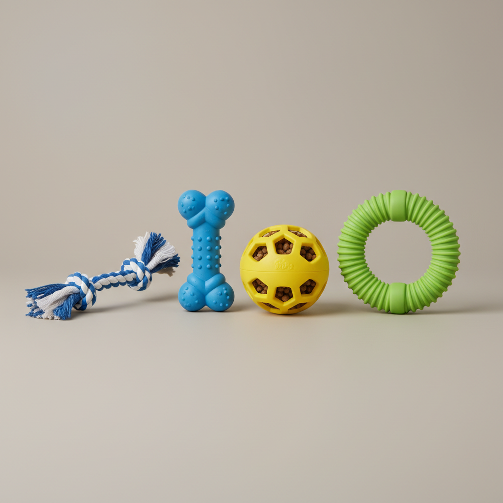 Assortment of safe puppy chew toys including rubber and treat-dispensing options