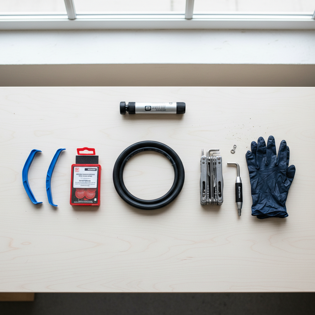 Beginner bike tool kit essentials laid out on a clean workbench