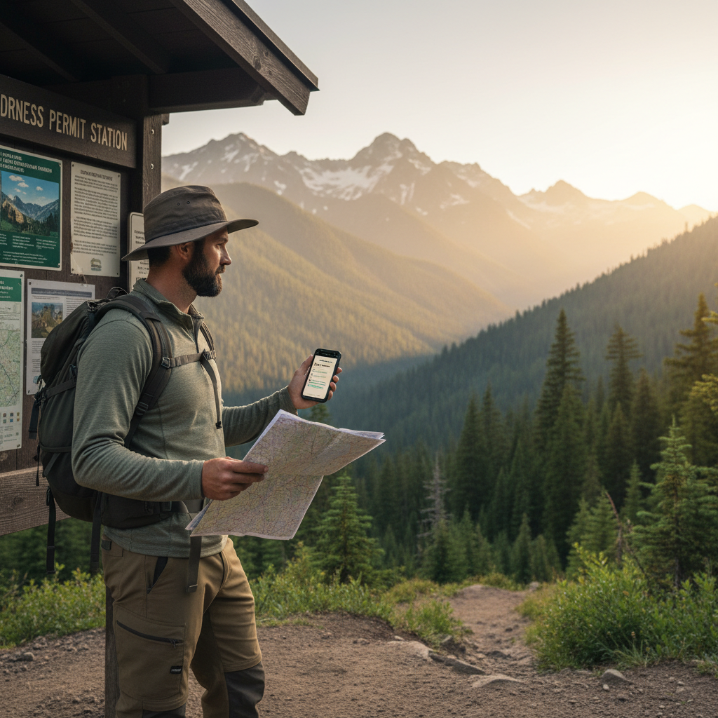 Traveler checking a map and safety plan before a remote hike