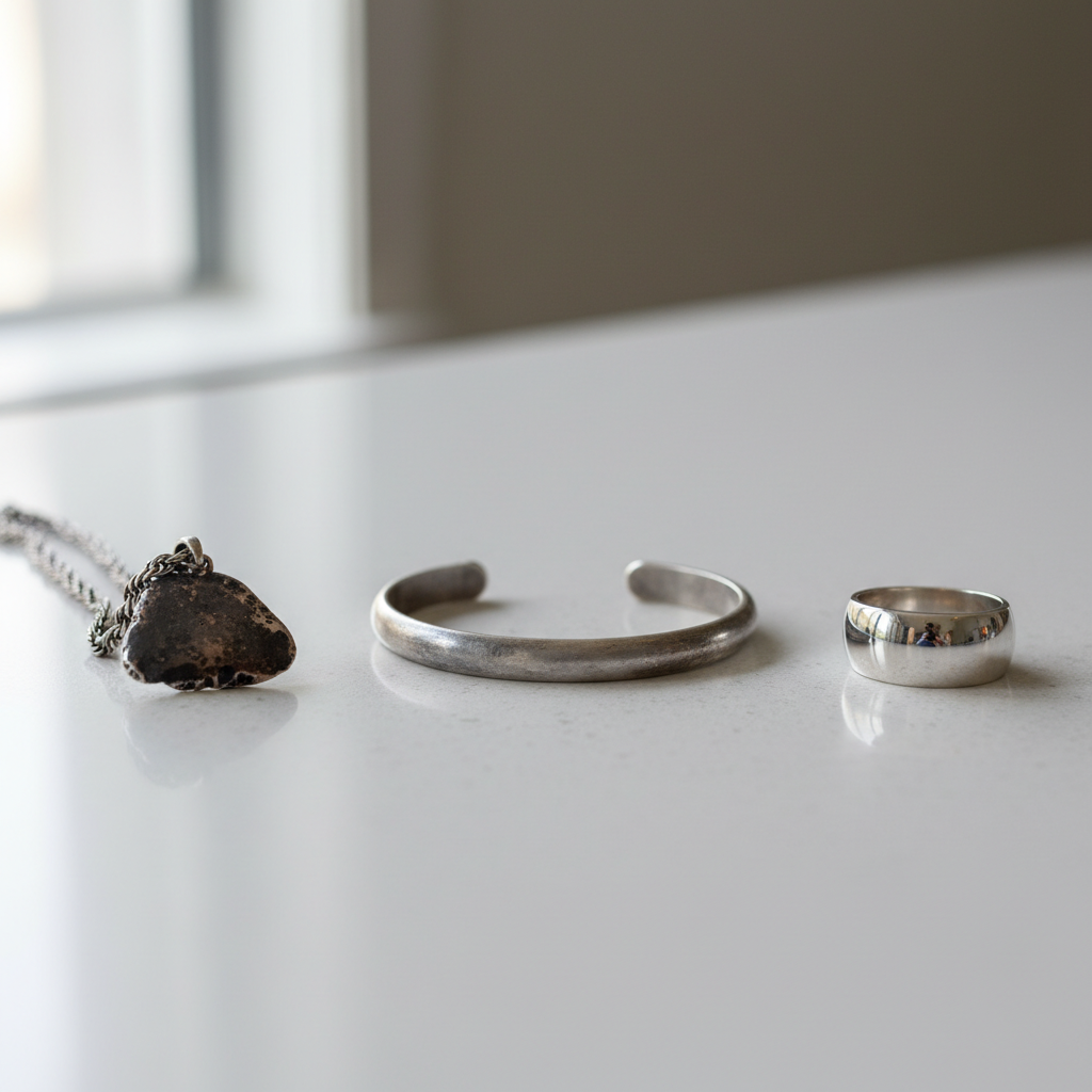 Silver jewelry tarnish vs dirt comparison on a countertop