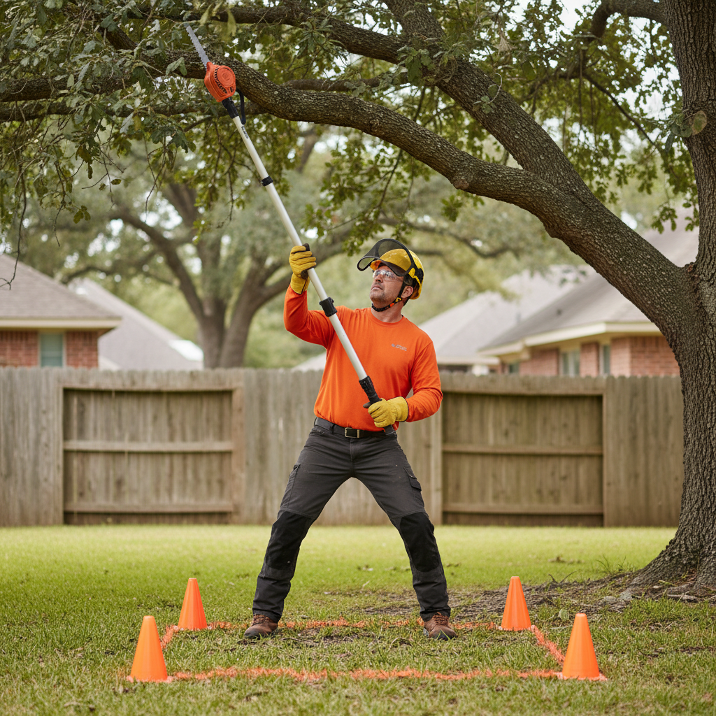 Homeowner using a pole saw safely from the ground with proper stance and PPE