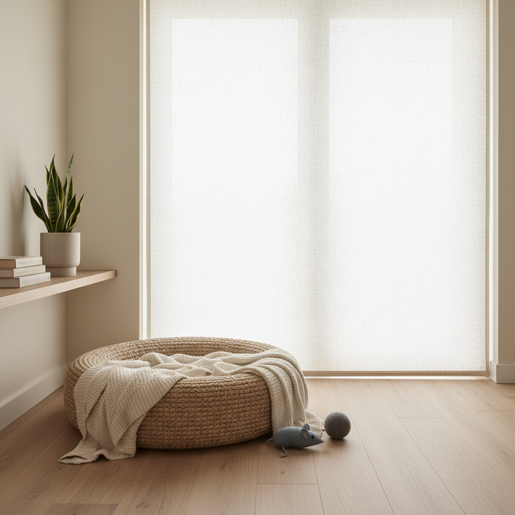 Sleep-friendly cat setup with cozy bed, covered window, and quiet enrichment toys